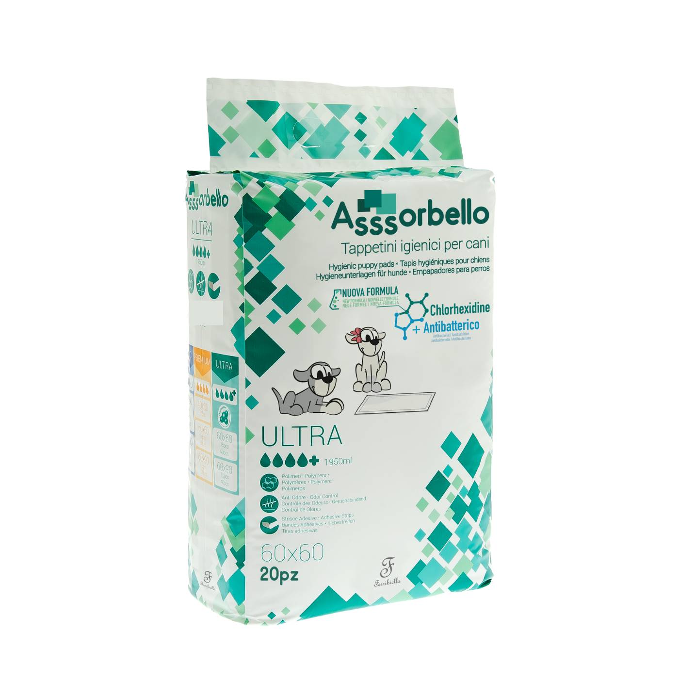 Ferribiella - Asssorbello Tappetino Quadrato Ultra Assorbente Antibatterico con Clorexidina 20 pezzi 60x60 cm