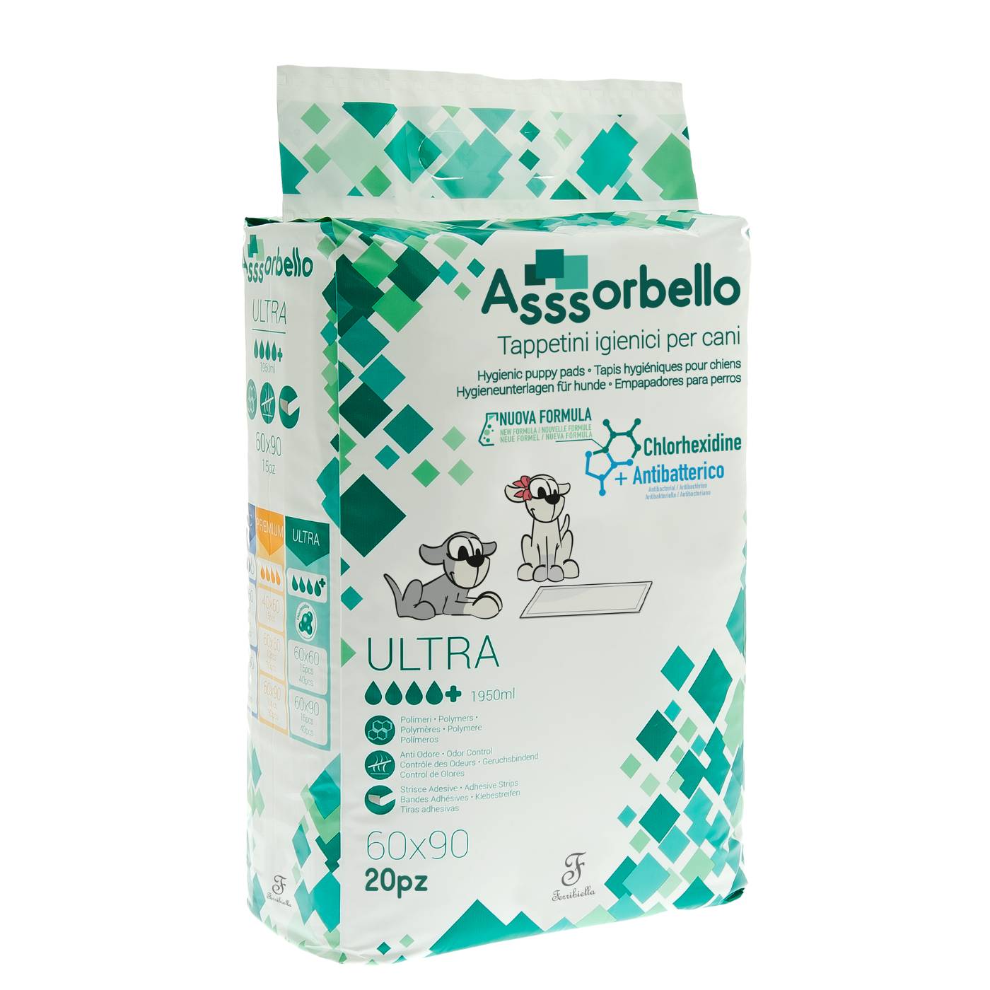 Ferribiella - Asssorbello Tappetino Rettangolare Ultra Assorbente Antibatterico con Clorexidina 20 pezzi 60x90 cm