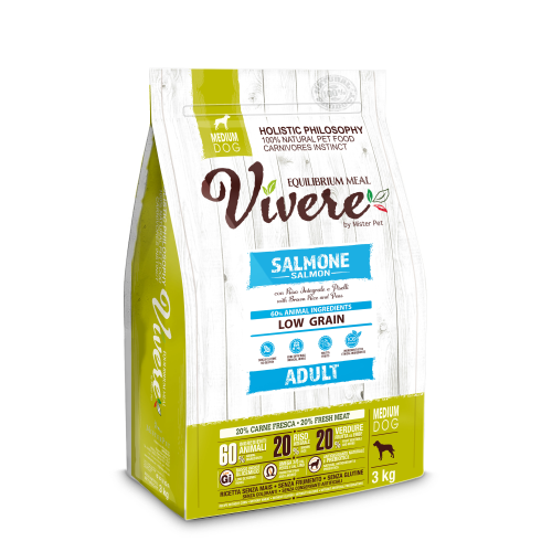 Vivere - Crocchette con Salmone a Basso contenuto di Cereali per Cani Adulti Medium 3 Kg