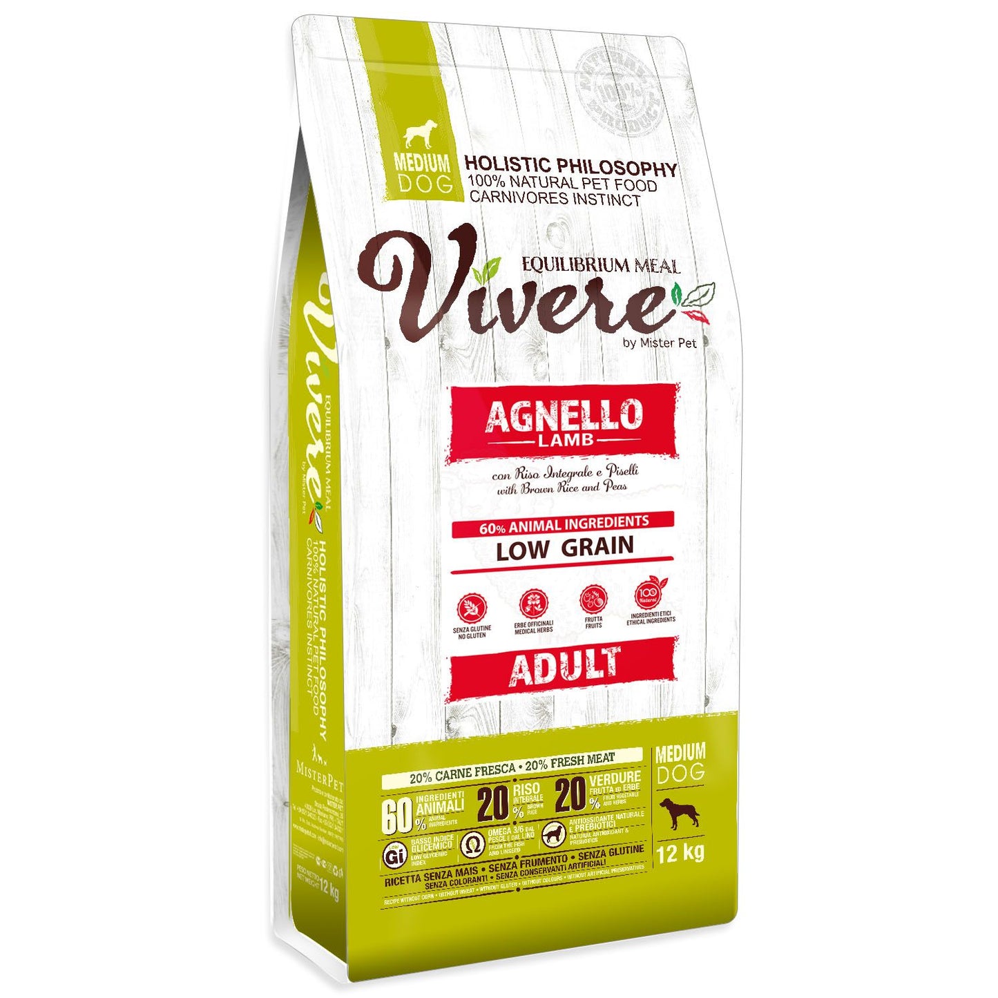 Vivere - Crocchette con Agnello a Basso contenuto di Cereali per Cani Medium Adulti 12Kg