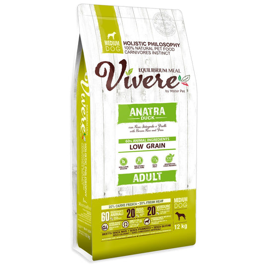 Vivere - Crocchette con Anatra a Basso contenuto di Cereali per Cani Medium Adulti 12Kg