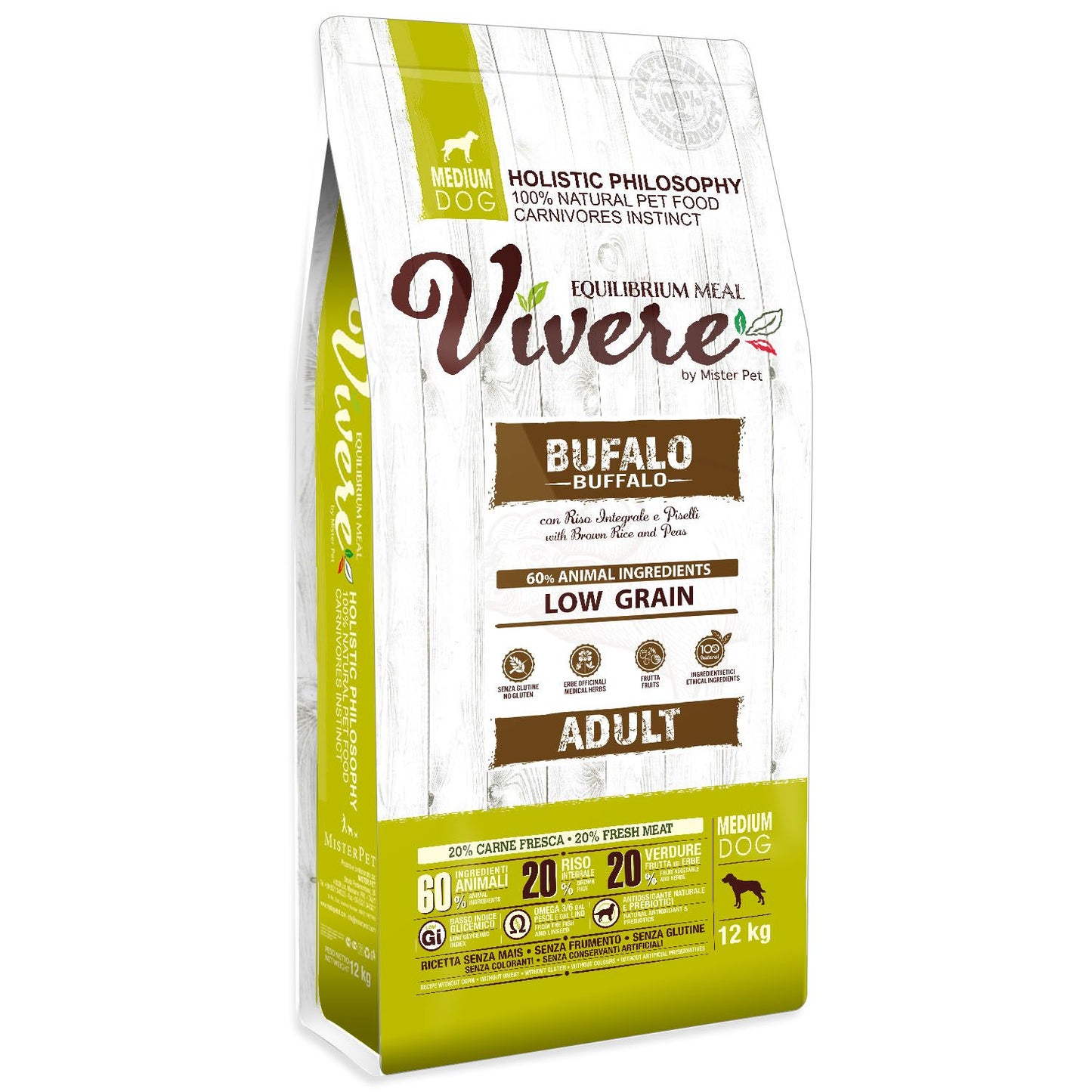 Vivere - Crocchette con Bufalo a Basso contenuto di Cereali per Cani Medium Adulti 12Kg
