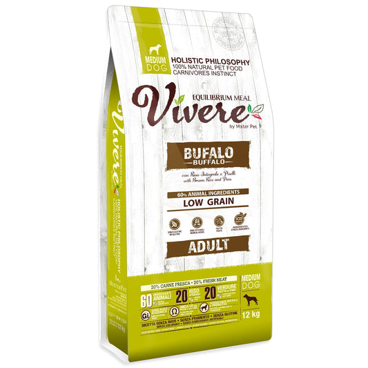 Vivere - Crocchette con Bufalo a Basso contenuto di Cereali per Cani Medium Adulti 12Kg