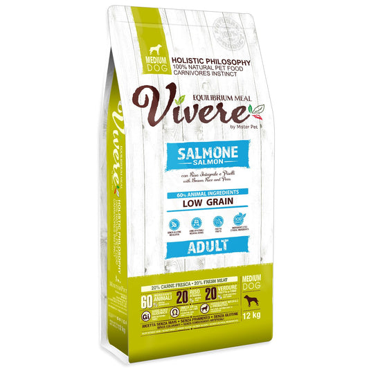 Vivere - Crocchette con Salmone a Basso contenuto di Cereali per Cani Medium Adulti 12Kg