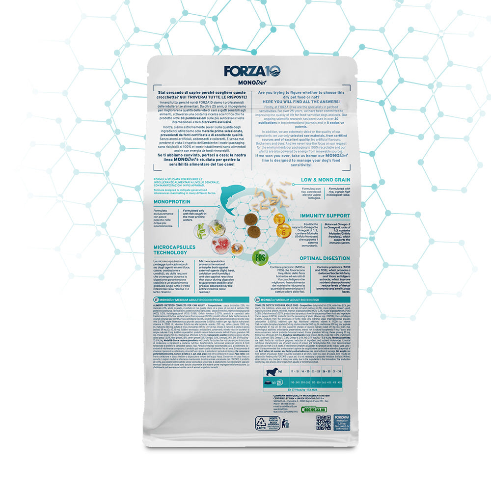 Forza10 - Crocchette Diet Pesce per Cani di Media e Grande Taglia Mono Diet Medium 12 Kg