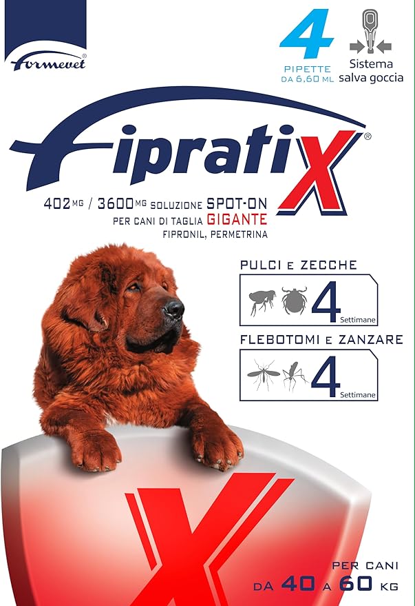 Formevet - Fipratix Antiparassitario Spot-on per Cani Fipratix 4 Pipette contro Pulci, Zecche, Flebotomi e Zanzare