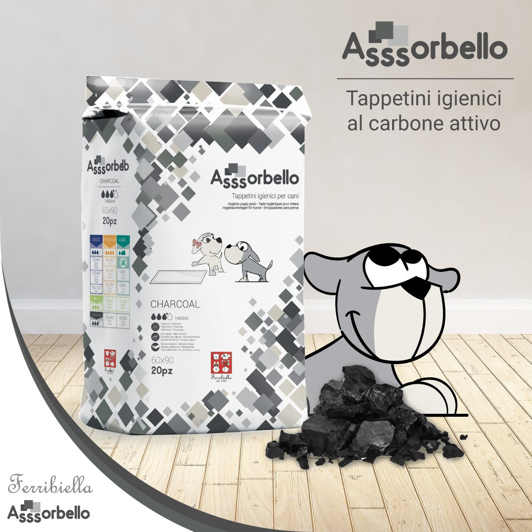Ferribiella - Tappetino Igienico Assorbente Anti Strappo Asssorbello per Cani ai Carboni Attivi 60 x 90 cm