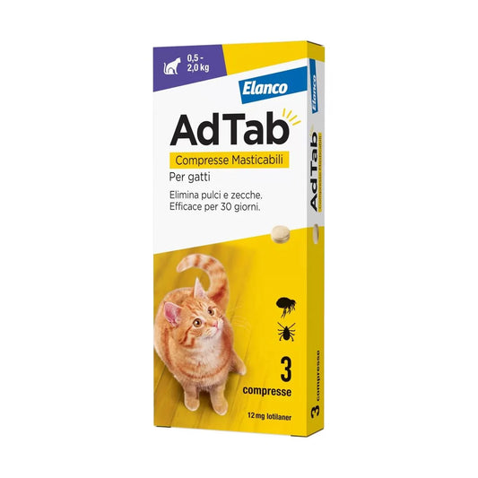 AdTab compresse gatti, Ad Tab gatto, antiparassitario gatti pulci zecche, compresse masticabili gatti antiparassitarie, lotilaner gatti prevenzione mensile, antiparassitario orale gatti facile da somministrare
