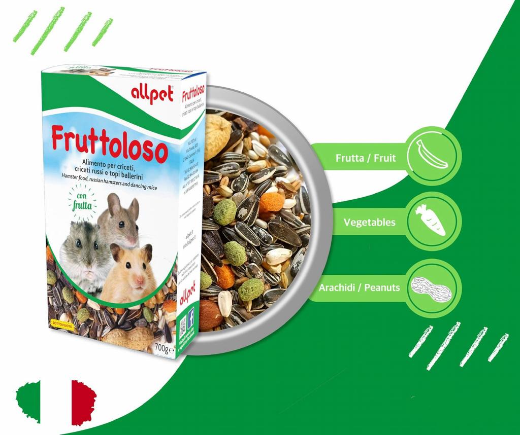 mangime completo criceti, cibo criceti russi frutta, mangime topi ballerini, AllPet Fruttoloso, alimento rodittori semi e frutta, dieta sana per criceti, alimento igiene dentale criceti, cibo immunostimolante roditori