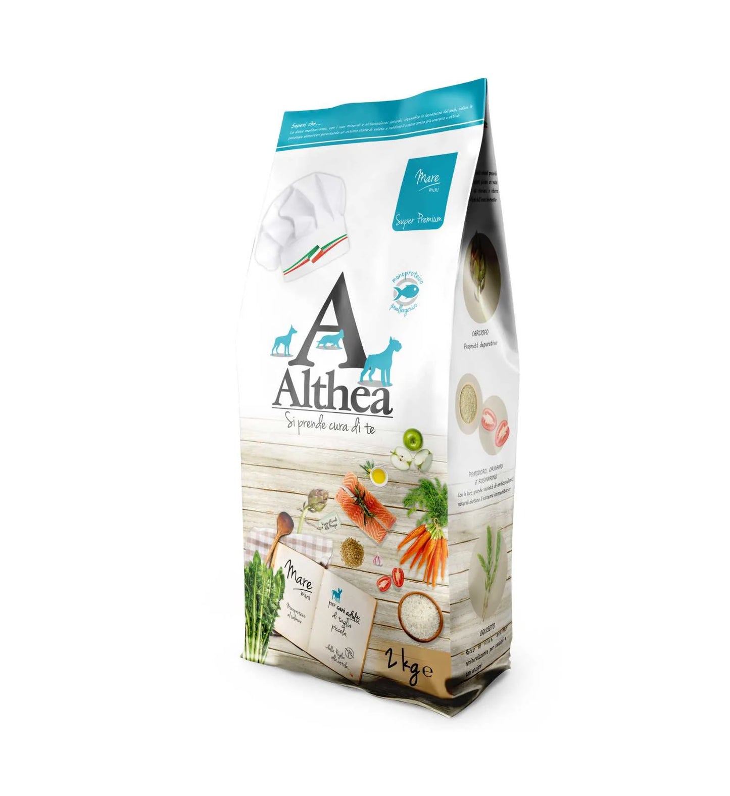 crocchette monoproteiche per cani, crocchette al salmone cane, cibo ipoallergenico per cani, crocchette italiane per cani, crocchette per cani intolleranti, alimentazione naturale cane, dieta mediterranea per cani, cibo per cani made in Puglia, Althea Super Premium cane