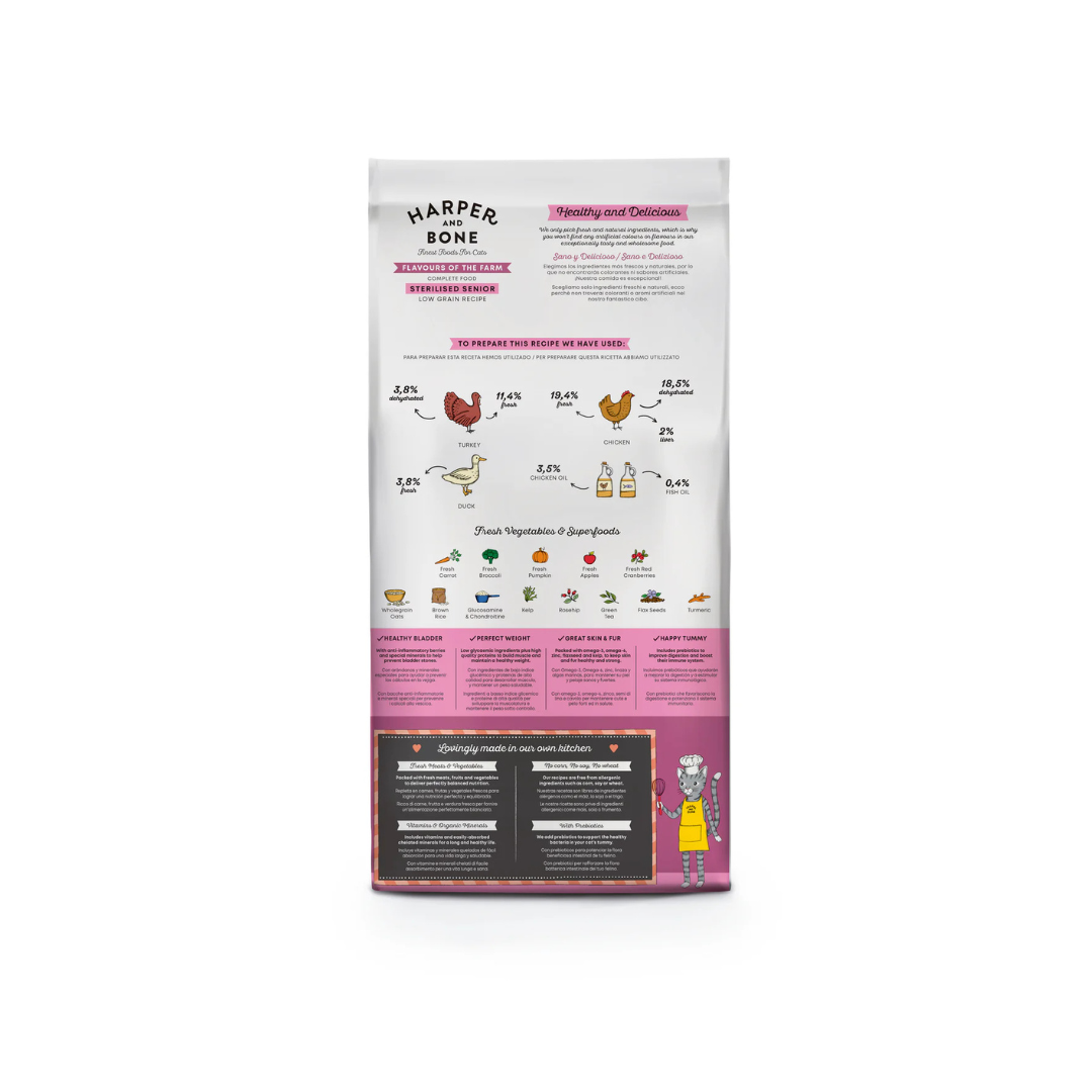 crocchette gatti anziani sterilizzati low grain, Harper and Bone senior sterilised, alimento secco premium gatti meticci e anziani, crocchette controllo peso gatti sterilizzati, proteina alta pollo tacchino anatra senior, benessere articoli-pelle pelo gatti anziani