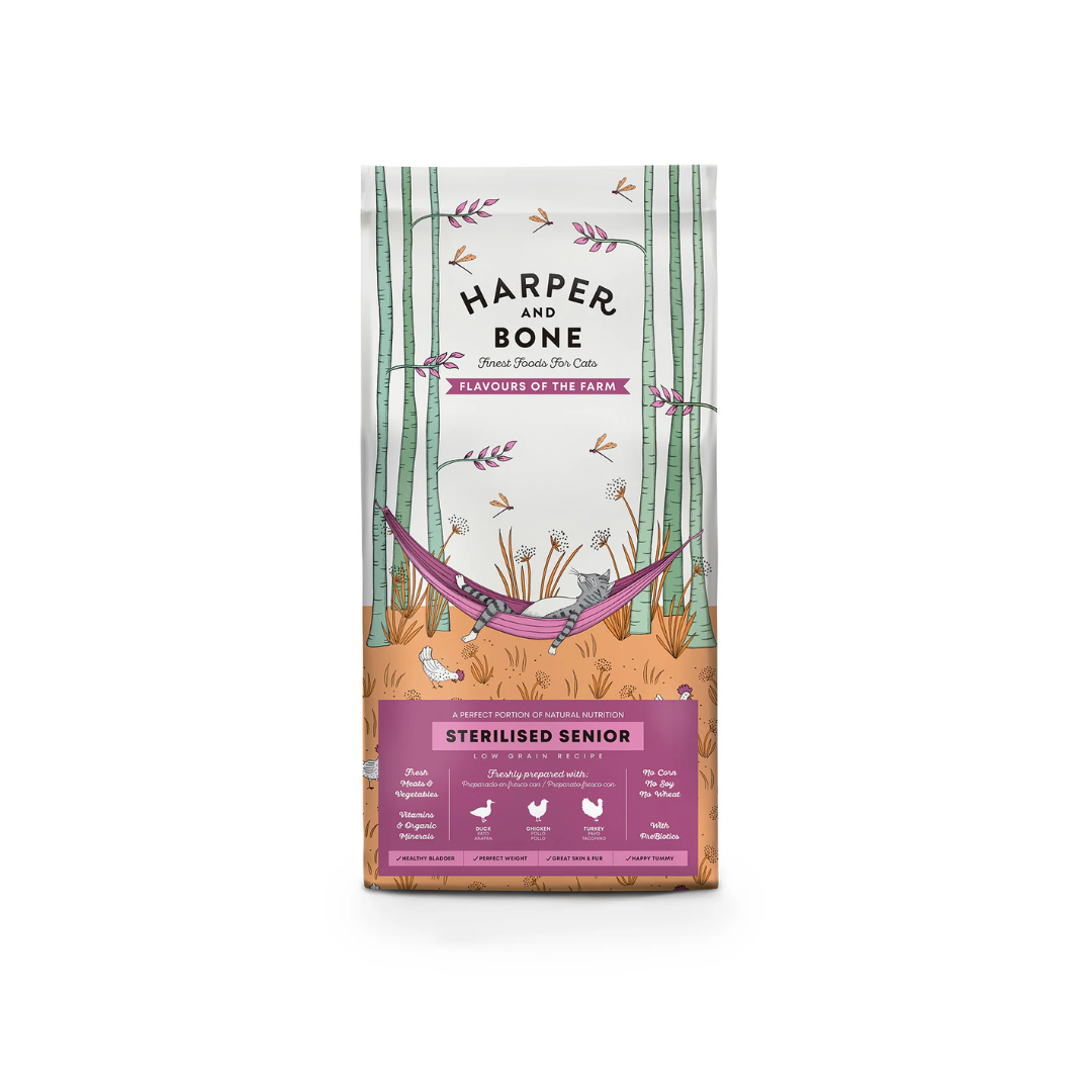 crocchette gatti anziani sterilizzati low grain, Harper and Bone senior sterilised, alimento secco premium gatti meticci e anziani, crocchette controllo peso gatti sterilizzati, proteina alta pollo tacchino anatra senior, benessere articoli-pelle pelo gatti anziani