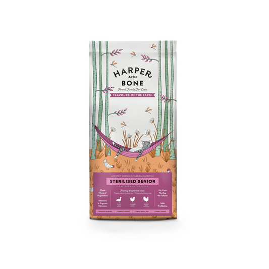 crocchette gatti anziani sterilizzati low grain, Harper and Bone senior sterilised, alimento secco premium gatti meticci e anziani, crocchette controllo peso gatti sterilizzati, proteina alta pollo tacchino anatra senior, benessere articoli-pelle pelo gatti anziani