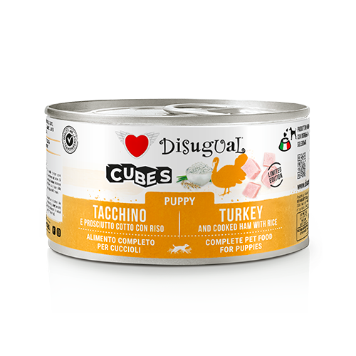 Disugual Puppy 150g, Paté per cuccioli con cubetti, Alimento umido cucciolo gluten free, Monoproteico Puppy Disugual, Paté Puppy Made in Italy, Cibo umido crescita cucciolo, Paté con carne alta percentuale cucciolo