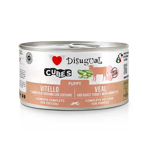 Disugual Puppy 150g, Paté per cuccioli con cubetti, Alimento umido cucciolo gluten free, Monoproteico Puppy Disugual, Paté Puppy Made in Italy, Cibo umido crescita cucciolo, Paté con carne alta percentuale cucciolo