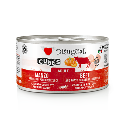 Disugual Cubes cane adulto, Umido cane 150 g, Paté cane con cubetti e carne, Alimento completo cane adulti Made in Italy, Gluten free umido cane, Senza conservanti e coloranti cane, Carni selezionate Disugual, Texture mista patè e cubetti