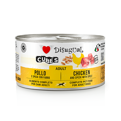 Disugual Cubes cane adulto, Umido cane 150 g, Paté cane con cubetti e carne, Alimento completo cane adulti Made in Italy, Gluten free umido cane, Senza conservanti e coloranti cane, Carni selezionate Disugual, Texture mista patè e cubetti