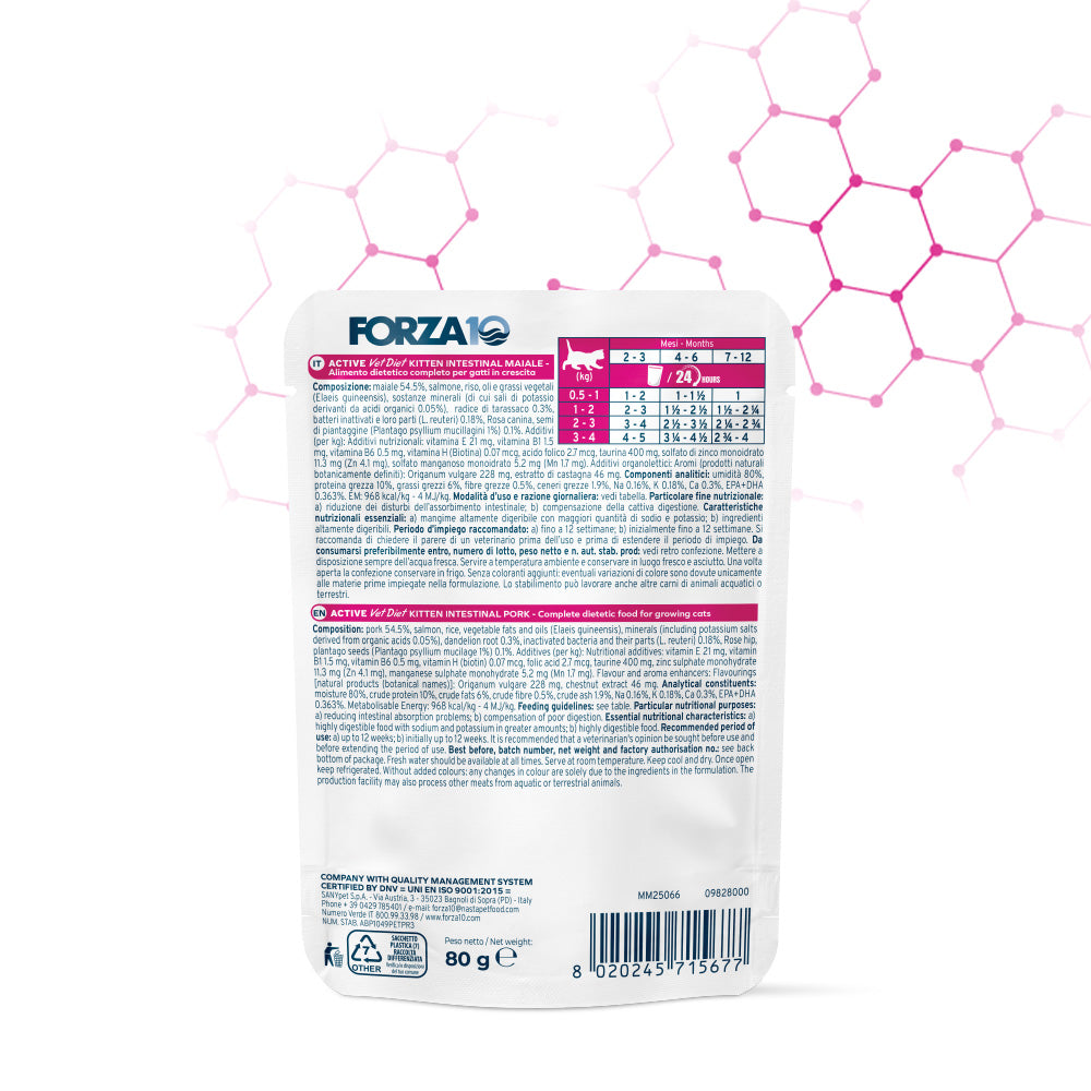 Forza10 Kitten Intestinal, umido gattino digestione delicata, alimento dietetico gattino, umido ipoallergenico gatto cucciolo, Forza10 gatto 80g, alimento con postbiotici gatto, umido gattino intestinale, cibo umido gattino sensibile, alimento gatto con tarassaco, umido completo gattino crescita