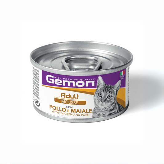 Gemon Mousse Lattina pUmido Gatto, mousse gatto pollo salmone, umido per gatti adulti morbido, Gemon mousse gatto, pasto umido grain free per gatti, paté pesce e pollo gatto
