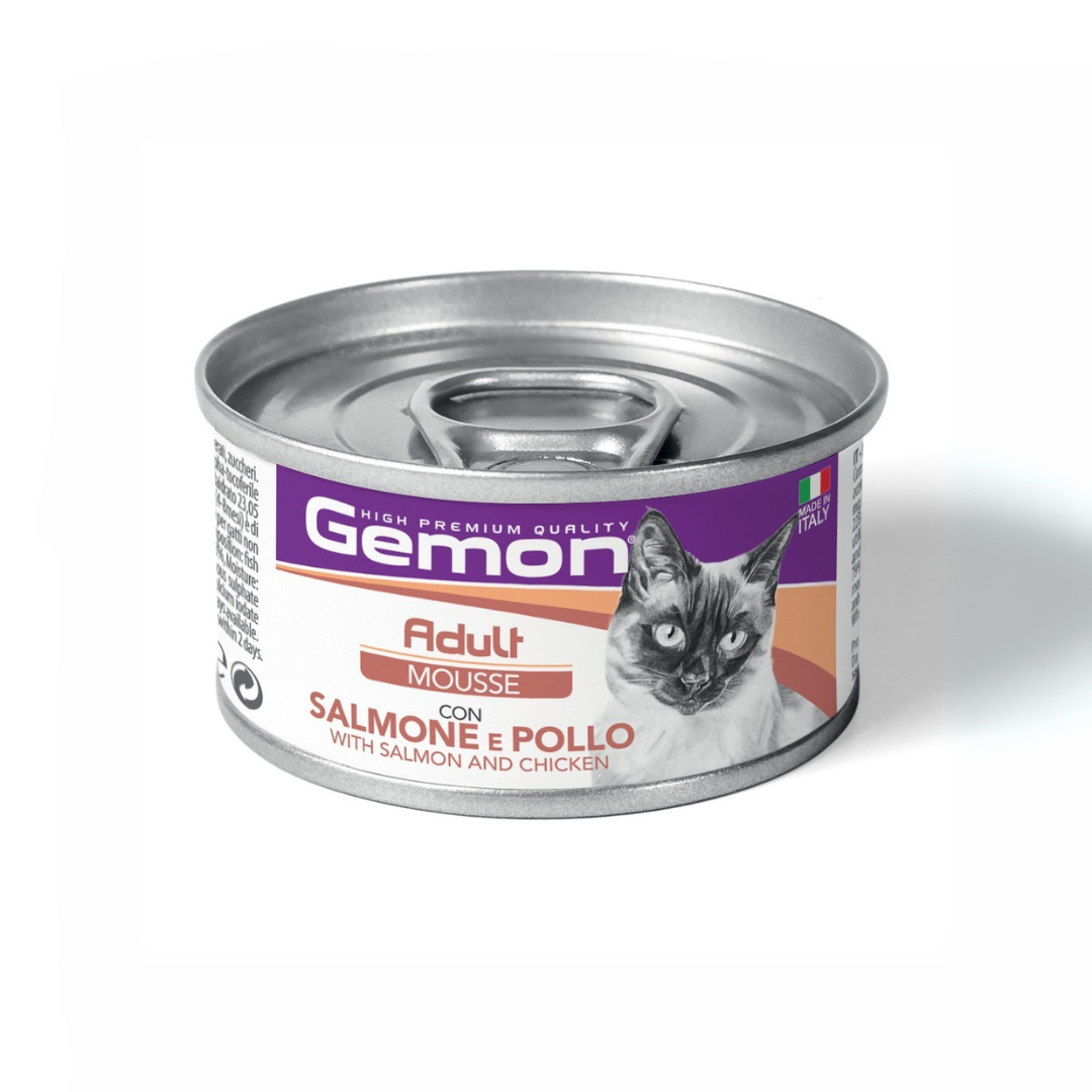 Gemon Mousse Lattina pUmido Gatto, mousse gatto pollo salmone, umido per gatti adulti morbido, Gemon mousse gatto, pasto umido grain free per gatti, paté pesce e pollo gatto