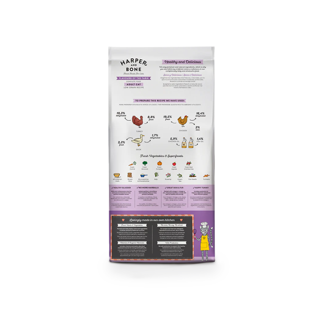 Crocchette Harper & Bone low grain per gatti adulti – pollo, fegato di tacchino, superfood, Omega-3/6 e probiotici. 2 kg formato ideale, crocchette gatti adulti low grain, Harper & Bone Adult, cibo secco gatti superfood, crocchette low grain 2kg