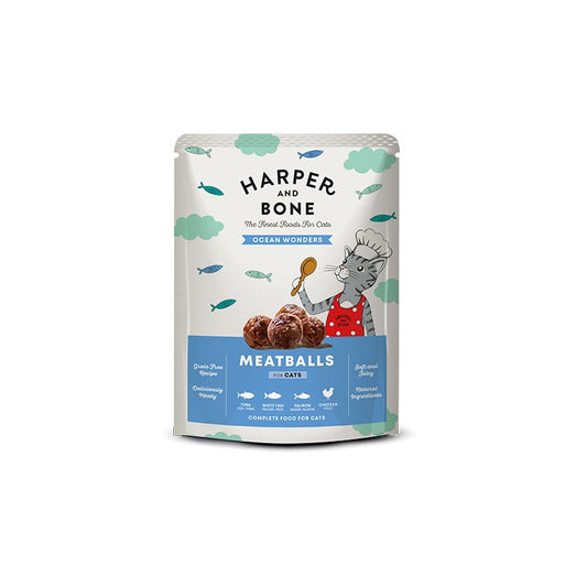 Polpette grain free Harper & Bone da 85 g per gatti: ricche di carni/pesce, Omega 3/6, verdure e superfood. Gustose e nutrienti, polpette grain free gatti, Harper & Bone meatballs 85g, snack senza cereali gatto, polpette naturali per gatto