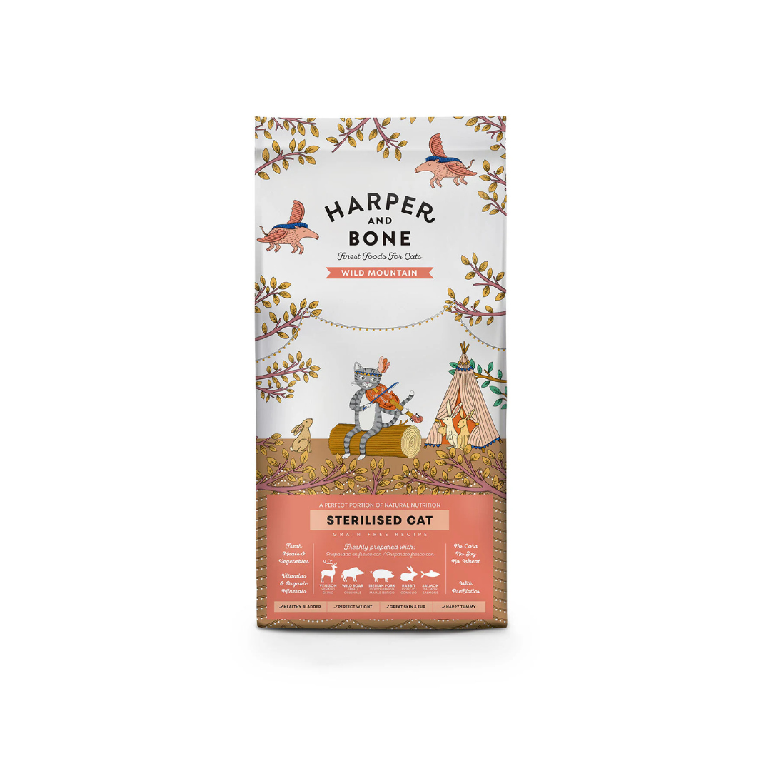 Crocchette premium Harper & Bone per gatti sterilizzati: proteine nobili, low grain, superfood, supporto urinario e peso forma. Packaging eco, crocchette gatti sterilizzati low grain, Harper & Bone Sterilised, cibo gatti sterilizzati proteico, crocchette superfood gatto sterilizzato