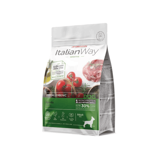 ItalianWay Sensitive Agnello, crocchette monoproteiche cane mini, alimento cane sensibile agnello, crocchette cane piccola taglia, cibo cane digestione delicata, crocchette cane con olio di oliva, alimento cane con rosmarino, crocchette cane monoproteiche agnello, ItalianWay cane mini, crocchette cane intolleranze alimentari