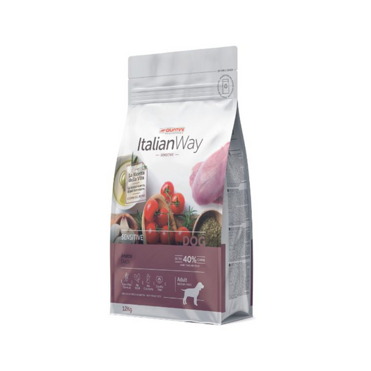 Italianway crocchette, crocchette monoproteiche cane, crocchette anatra grain free medium, crocchette per cani sensibili anatra, ItalianWay Sensitive Anatra, cibo ipoallergenico cane medium maxi, crocchette omega 3 6 per cani, alimentazione antiossidante cani