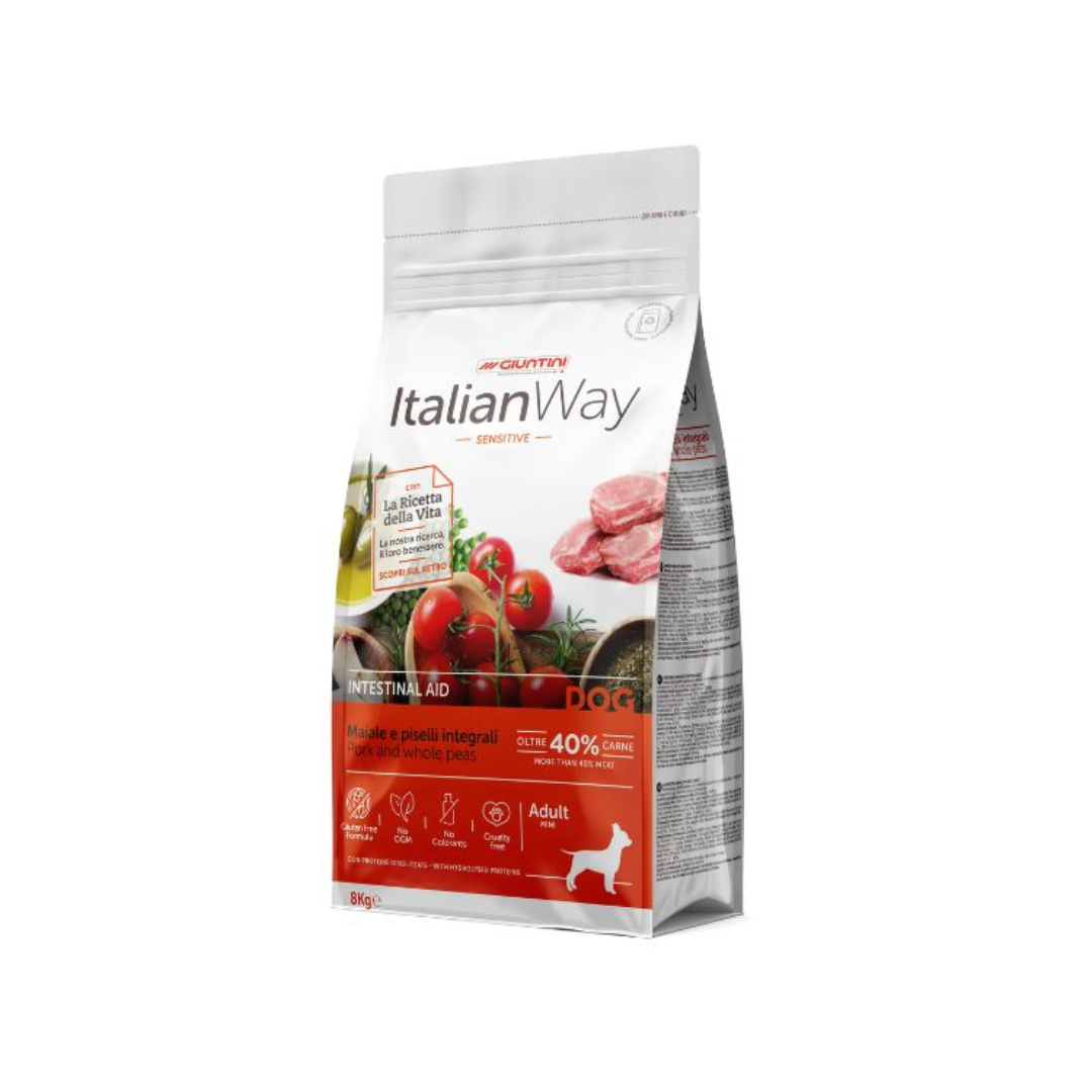 Italianway crocchette, crocchette monoproteiche cane, crocchette intestinali cane mini, alimento digestione delicata cane, ItalianWay Intestinal Maiale, cibo sensitive intestino cane, ricetta veterinaria cane mini, mangime gastroenterico cane