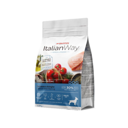 Crocchette italianway, crocchette salmone aringhe cane, grain free hypoallergenic small breed, Italian Way Salmone e Aringhe, cibo ipoallergenico cani mini, crocchette omega 3 6 cane, alimento per cani sensibilità, croccantini pesce cane