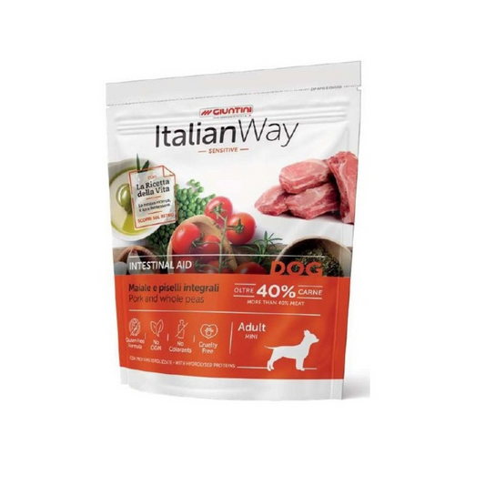 Italianway crocchette, crocchette monoproteiche cane, crocchette intestinali cane mini, alimento digestione delicata cane, ItalianWay Intestinal Maiale, cibo sensitive intestino cane, ricetta veterinaria cane mini, mangime gastroenterico cane