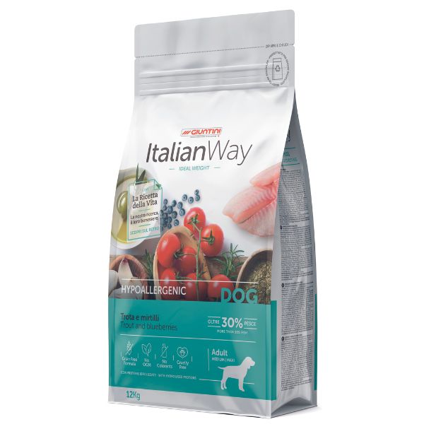Italianway crocchette cane, crocchette ipoallergeniche per cani, cibo secco cane con allergie, crocchette trota e mirtilli cane, mangime grain free cane adulto, alimentazione per cani con pelle sensibile, ItalianWay Hypoallergenic cane