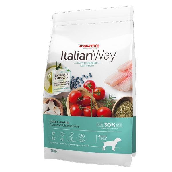 Italianway crocchette cane, crocchette ipoallergeniche per cani, cibo secco cane con allergie, crocchette trota e mirtilli cane, mangime grain free cane adulto, alimentazione per cani con pelle sensibile, ItalianWay Hypoallergenic cane