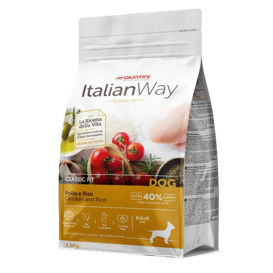 Italianway crocchette cane, crocchette cane taglia piccola senza glutine, alimento secco pollo e riso cane mini, cibo ipoallergenico cane di piccola taglia, crocchette con fibre per igiene orale cane, ItalianWay Ricetta della Vita cani piccoli