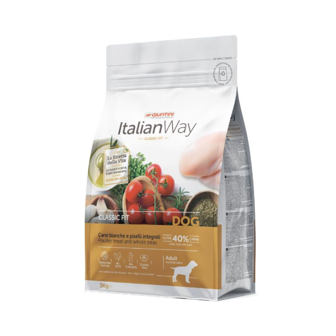 Italianway crocchette cane, crocchette cane taglia media e grande senza glutine, alimento secco pollo e riso cane medium, cibo ipoallergenico cane, crocchette con fibre per igiene orale cane, ItalianWay Ricetta della Vita cani