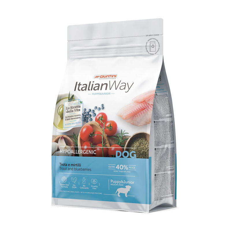 Italianway Crocchette cane cucciolo, crocchette puppy trota mirtilli, cibo ipoallergenico cuccioli, crocchette gluten free puppy, alimento naturale per cuccioli, ItalianWay Puppy Junior trota mirtilli