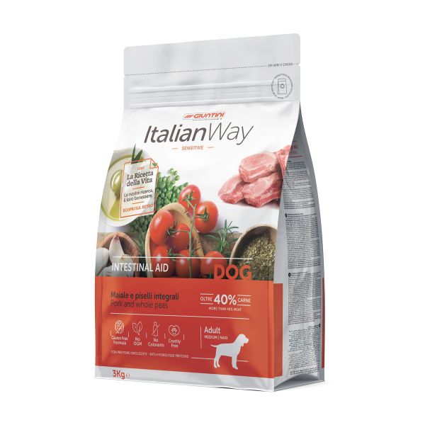 Italianway Crocchette cane, crocchette monoproteiche cane, crocchette cane intestino delicato, alimento grain free maiale piselli, crocchette ipoallergeniche cane, fibra Arbocel psyllium cane, ItalianWay Intestinal Aid