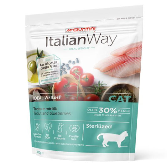 Italianway crocchette gatto, crocchette grain free trota mirtilli, cibo secco gatti sterilizzati, crocchette ideale weight gatti sterilizzati, Italian Way ricetta della vita, crocchette italiane senza cereali