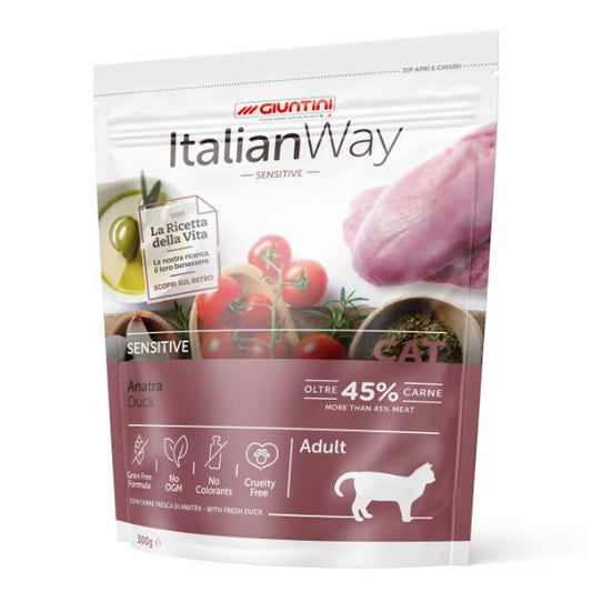 Italianway crocchette gatto, crocchette grain free gatti anatra, cibo secco gatti sensibili, crocchette ipoallergeniche gatto, crocchette per pelle e pelo lucido, crocchette Italian Way Sensitive Anatra, crocchette gatto Made in Italy