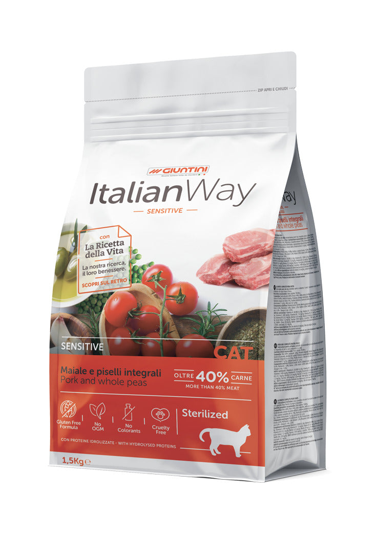 Crocchette Italianway gatto, crocchette gatti sterilizzati, crocchette grain free maiale piselli, cibo secco gatti con intestino delicato, crocchette ItalianWay Sensitive Maiale, crocchette ipoallergeniche gatti sterilizzati