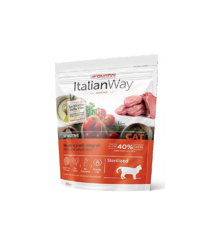 Crocchette Italianway gatto, crocchette gatti sterilizzati, crocchette grain free maiale piselli, cibo secco gatti con intestino delicato, crocchette ItalianWay Sensitive Maiale, crocchette ipoallergeniche gatti sterilizzati
