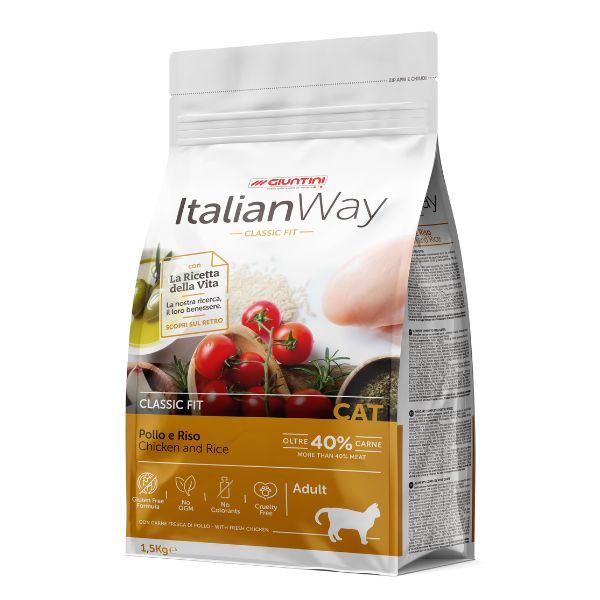 Italianway Crocchette Gatto, crocchette gluten free gatti, crocchette pollo tacchino gatti, cibo secco per gatti sensibili, crocchette con omega 3 e 6, Italian Way Classic Fit Pollo & Riso