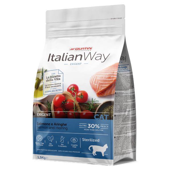 Italianway Crocchette Gatto, crocchette grain free gatti sterilizzati, crocchette salmone e aringhe, cibo secco gatti sterilizzati, crocchette con taurina e omega 3, ItalianWay Sterilized Salmone Aringhe