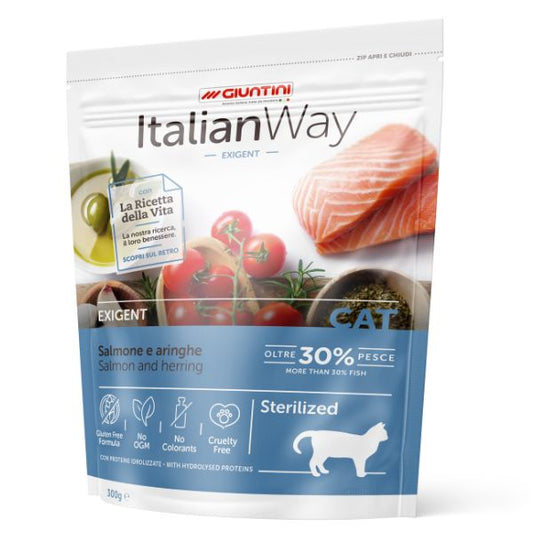 Italianway Crocchette Gatto, crocchette grain free gatti sterilizzati, crocchette salmone e aringhe, cibo secco gatti sterilizzati, crocchette con taurina e omega 3, ItalianWay Sterilized Salmone Aringhe