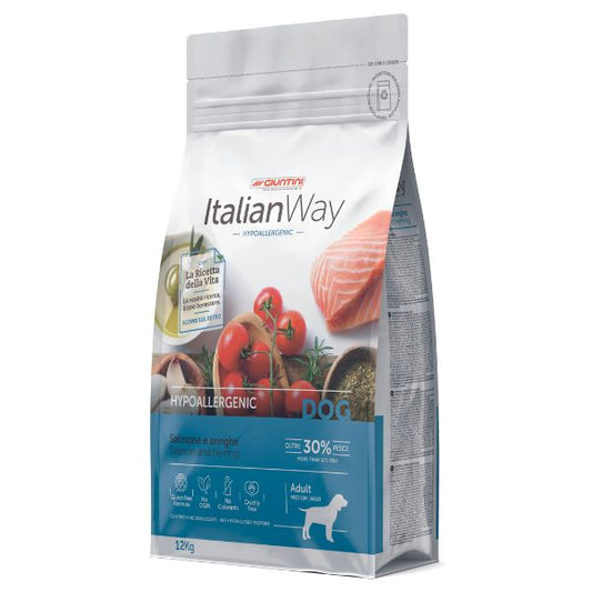 Italianway crocchette, crocchette grain free salmone aringhe, crocchette ipoallergeniche cani, cibo secco per cani sensibili, omega 3 omega 6 cane, ItalianWay Hypoallergenic