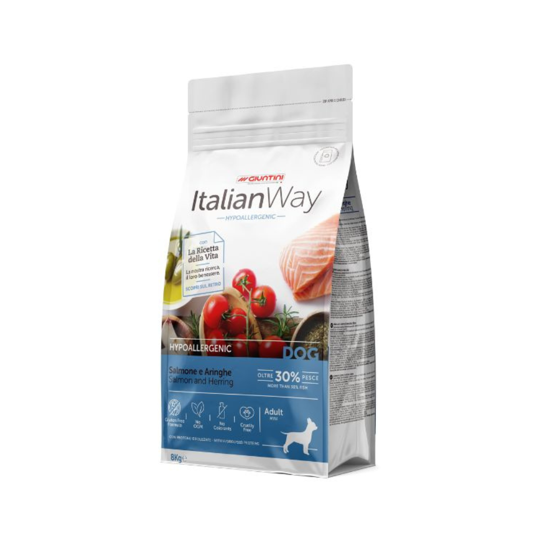 Crocchette italianway, crocchette salmone aringhe cane, grain free hypoallergenic small breed, Italian Way Salmone e Aringhe, cibo ipoallergenico cani mini, crocchette omega 3 6 cane, alimento per cani sensibilità, croccantini pesce cane