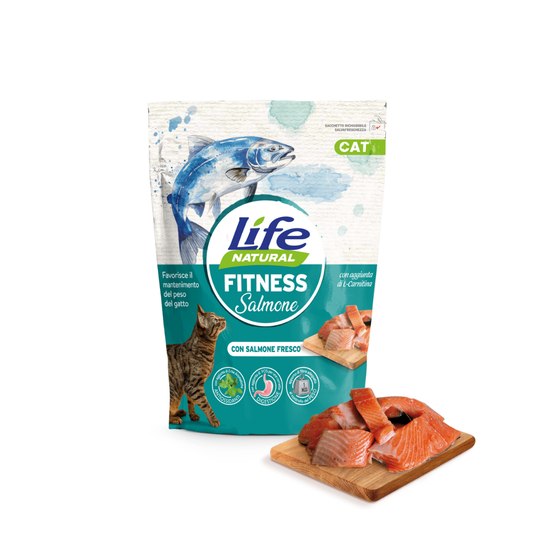 Life Natural Fitness, crocchette gatto salmone fresco, cibo secco gatto fitness, crocchette gatto sedentario, alimento completo gatto adulto, Life Natural 800g, gatto obeso, gatto in sovrappeso, light