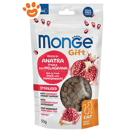 Monge - Gift Sterilised Meat Minis con Anatra e Melagrana Grain Free Snack per Gatti Sterilizzati Senza Cereali 50g