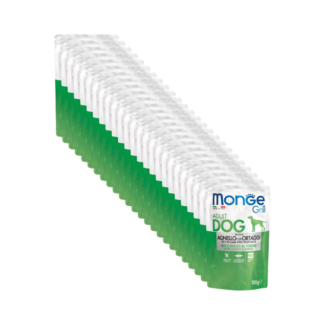 Monge Umido Cane, Monge Grill Agnello e Verdure bocconcini, umido cane grain free agnello e ortaggi, bocconcini gelatina glucosamina condroitina, alimento umido superpremium cane